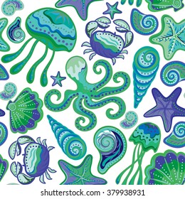 Colorful under water world wallpaper with crab, octopus, jellyfish, star fish and others