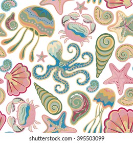 Colorful under water world wallpaper with crab, octopus, jellyfish, star fish and others