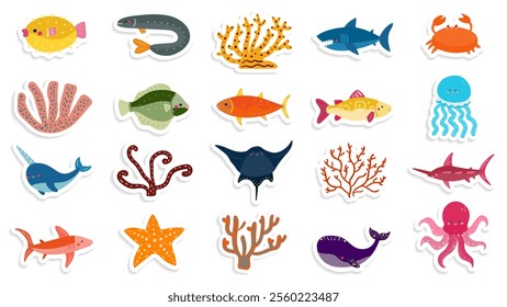 Colorful Undersea Animals Sticker Collection Vector