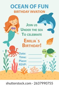 Colorful undersea birthday invite with mermaid dolphin turtle and octopus in cartoon style for kids party design.