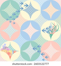 Colorful Undersea Pattern with Fish and Coral in Round Designs. Pastel Circles Seamless Pattern. Ocean theme Mosaic with fish, jellyfish, seahorse, anemone, coral and seaweed. 