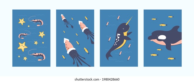 Colorful underwater animals illustrations set. set in pastel colors. Cute fish, dolphin, squid, shrimp on blue background. Underwater life concept for banners, website design