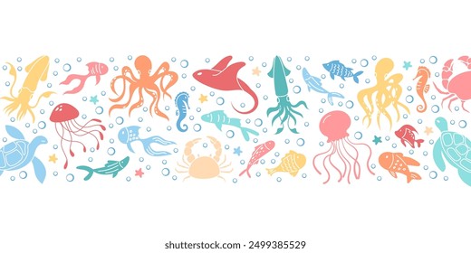 Colorful underwater animals like octopus, jellyfish, and sea turtle in a vibrant marine scene at background pattern design. Ocean reef life with various sea creatures depicted in a vector set.