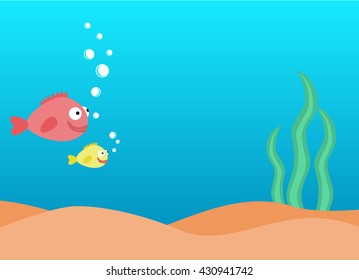 Colorful underwater background, undersea world with fishes and seaweed with place for text