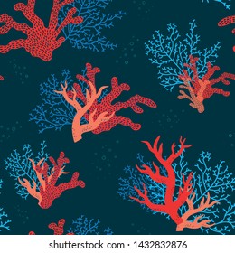 Colorful underwater corals seamless pattern, abstract marine, nautical background, hand drawn. Great as a tropical summer textile print, party invitation or packaging. Vector Surface pattern design.