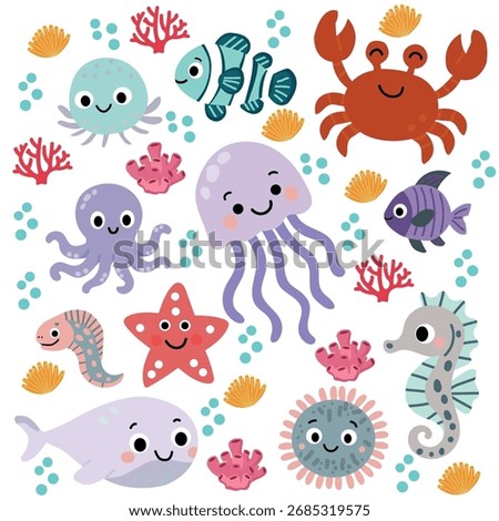 Colorful Underwater Creatures Illustrations Featuring Fish, Crab, Jellyfish, and Sea Life for Kids Decor