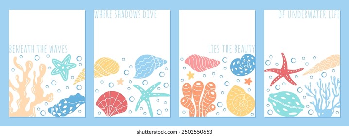 Colorful underwater design set featuring marine creatures and coral reef elements. Vibrant sea shells, starfish, and other ocean life forms depicted in a playful aquatic scene.