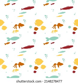 Vector de peces subacuáticos colorido sin fisuras. Funny estampado de animales infantiles para tela infantil, papel envolvente, papel pintado, paquete