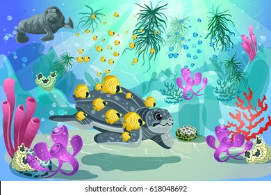 Colorful underwater marine landscape template with swimming turtle walrus fishes and natural plants and seaweeds vector illustration