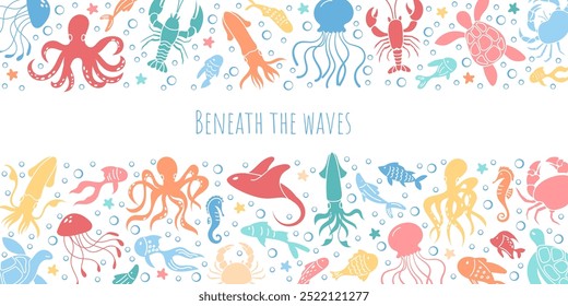 Colorful underwater marine life banner design featuring various sea creatures in a playful ocean theme. Water bubbles, reef animals, and vibrant elements fill the scene for graphic template.