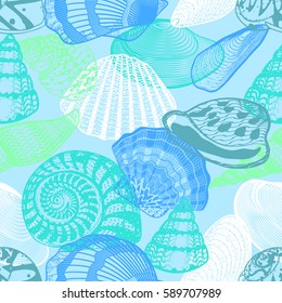 Colorful underwater ocean life seamless pattern with shells of different shapes scallops and snail vector illustration