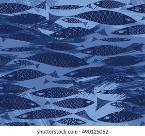 Colorful underwater pattern background. Hipster texture with fish.