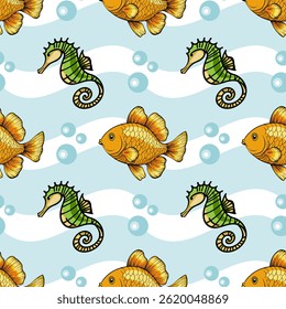 A colorful underwater pattern featuring orange goldfish and green seahorses against a light blue background with white waves and bubbles.