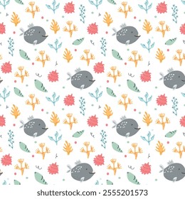 Colorful underwater pattern with fish and coral.