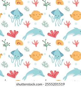 Colorful underwater pattern with squid, pufferfish, and dolphins.