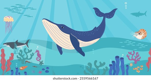 A colorful underwater scene featuring a large blue whale swimming gracefully among various marine life, including jellyfish, fish, and corals.