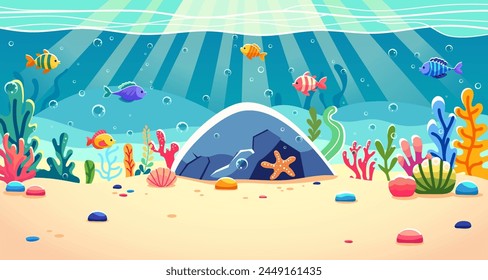 Un escenario submarino colorido con varios peces, corales, burbujas y una estrella de mar en un fondo marino arenoso, Ilustración vectorial, fondo claro, concepto de vida marina. Ilustración vectorial