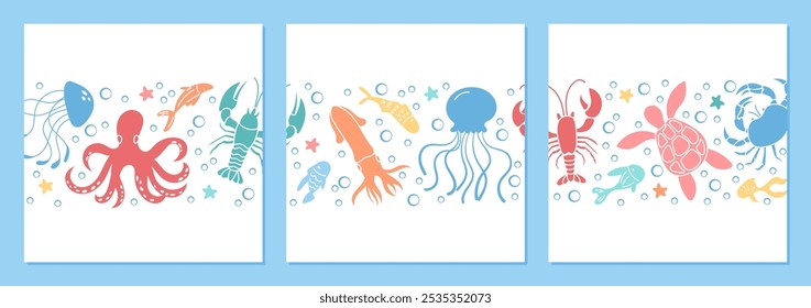 Colorful underwater scene with various marine creatures like octopus, jellyfish, and turtle. Social media post template with sea life amidst bubbles and corals in the ocean water over the reef.