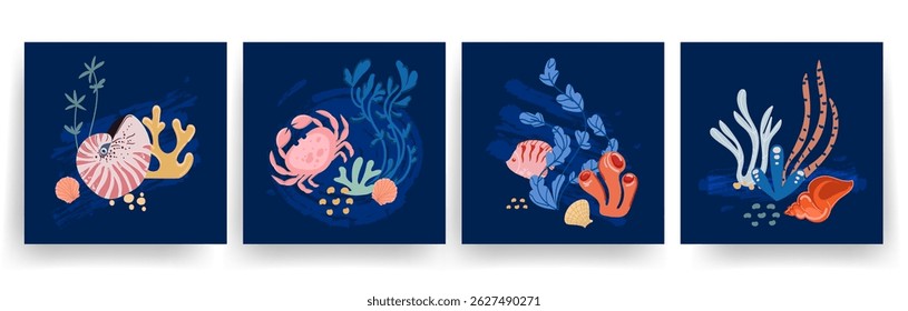 Colorful Underwater Sea Life Illustrations set. Decorative Marine illustrations featuring coral, fish, crabs, seaweed, and shells on dark blue background in flat vector design