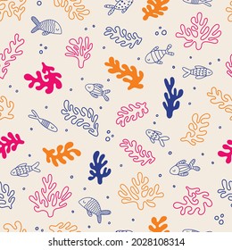 Colorful underwater seamless pattern with fishes, coral and seaweed. Super cute pattern perfect for ocean and marine themed projects for kids or home decor.