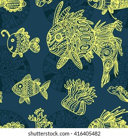 Colorful underwater seascape tile pattern with decorative fish, corals, anemone. Ethnic style psychedelic doodle vector image. Can be used as print for fabric, wrapping, scrapbook