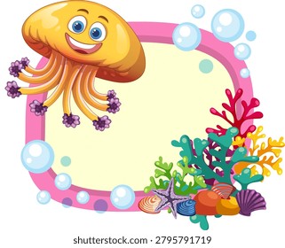 Colorful underwater vector illustration with a smiling jellyfish, starfish, and coral around a border.