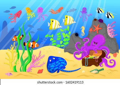 Colorful underwater world. Coral reef and its inhabitants. Funny fish and jellyfish. 
Scary octopus guards treasures.  A beautiful and vibrant picture. Vector and illustration.