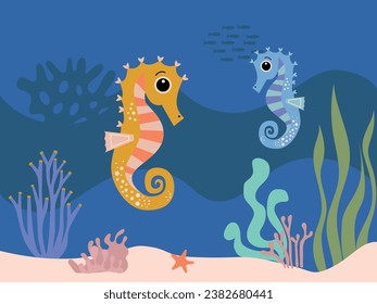 Colorful underwater world with sea horse amongst the seaweed and rocks, vector cartoon illustration