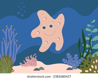 Colorful underwater world with sea star, starfish amongst the seaweed and rocks, vector cartoon illustration