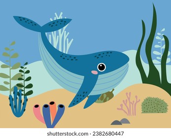 Colorful underwater world with whales amongst the seaweed and rocks, vector cartoon illustration