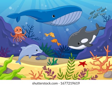 Colorful underwater world with whales and dolphin swimming with an octopus amongst the seaweed and rocks, vector cartoon illustration