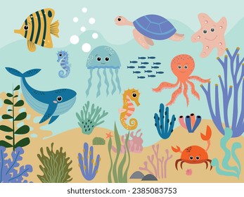 Colorful underwater world with whales and starfish swimming with an octopus amongst the seaweed and rocks, vector cartoon illustration
