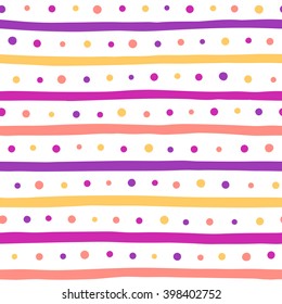 Colorful uneven bars and dots vector seamless pattern. Free hand drawn stripes and round spots texture. Multicolored abstract geometrical background. Striped pattern.