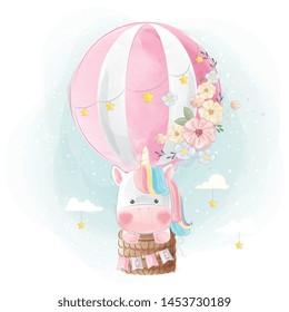 Colorful Unicorn Flying with Balloon