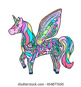 Colorful unicorn - hand-drawn vector illustration. Magic animal cartoon style drawing. Hornicorn icon. Unicorn isolated on white. Colorful nursery art. Fairy tale character. Horse with horn and wings