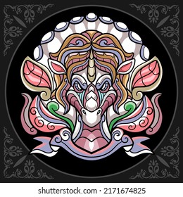 Colorful unicorn head zentangle arts. isolated on black background