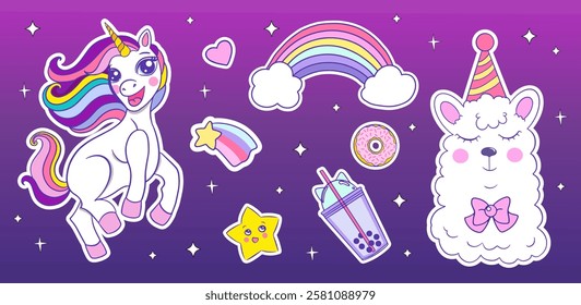 Colorful Unicorn and Llama rainbow sticker icon illustration