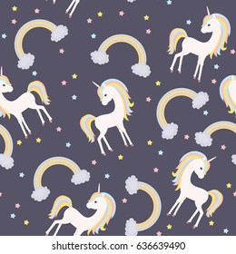 Colorful unicorn, rainbow and clouds seamless wallpaper. Vector seamless pattern