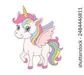 A colorful unicorn with a rainbow mane and a pink horn. The unicorn is standing on a white background