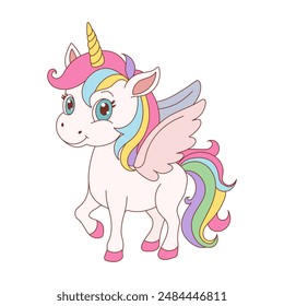 A colorful unicorn with a rainbow mane and a pink horn. The unicorn is standing on a white background