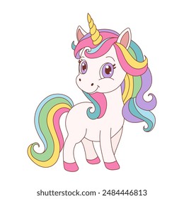 A colorful unicorn with a rainbow mane and a pink horn stands in front of a white background