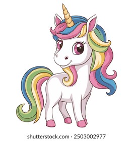 Colorful unicorn with rainbow mane and pink horn standing on a white background. Ideal for whimsical and fantasy-themed designs.