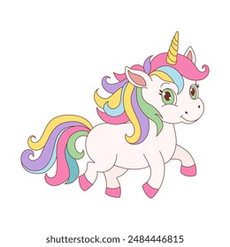 A colorful unicorn with a rainbow mane and tail is running across a white background. The unicorn has a happy expression on its face, and its colorful appearance creates a cheerful and whimsical mood