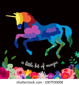 A colorful unicorn runs along the flower field. Silhouette of a unicorn with sun, sky and clouds on a black background. Magic Flower Garden.