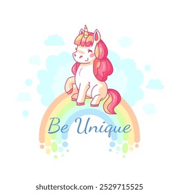 A colorful unicorn sits happily atop a rainbow radiating positivity with the phrase Be Unique written below showcasing a playful and whimsical design.