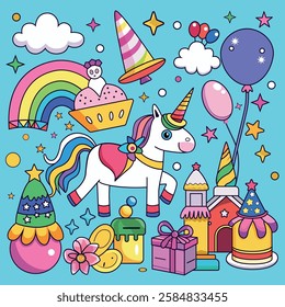 Colorful unicorn surrounded by festive decorations, cupcakes, and balloons in a whimsical celebration atmosphere