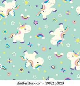 Colorful unicorn with wands and bows aqua background