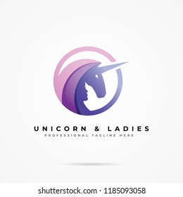 Colorful unicorn and woman logo vector
