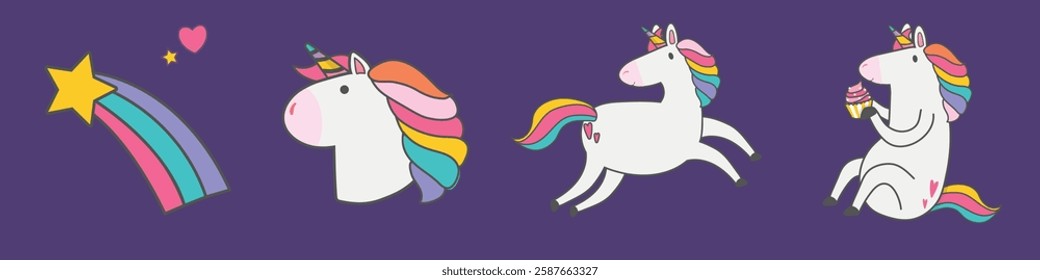 Colorful unicorns with rainbow manes on a purple background. Unicorns are playful, featuring rainbows and stars. Cute unicorns enjoying a magical, whimsical theme. Cute illustrations, vector set.