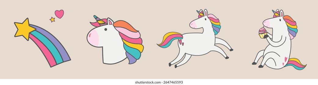 Unicórnios coloridos com crinas e caudas arco-íris, com poses divertidas e expressões caprichosas. Os unicórnios e os arco-íris criam um tema mágico e de fantasia. Ilustrações bonitas, conjunto vetorial.
